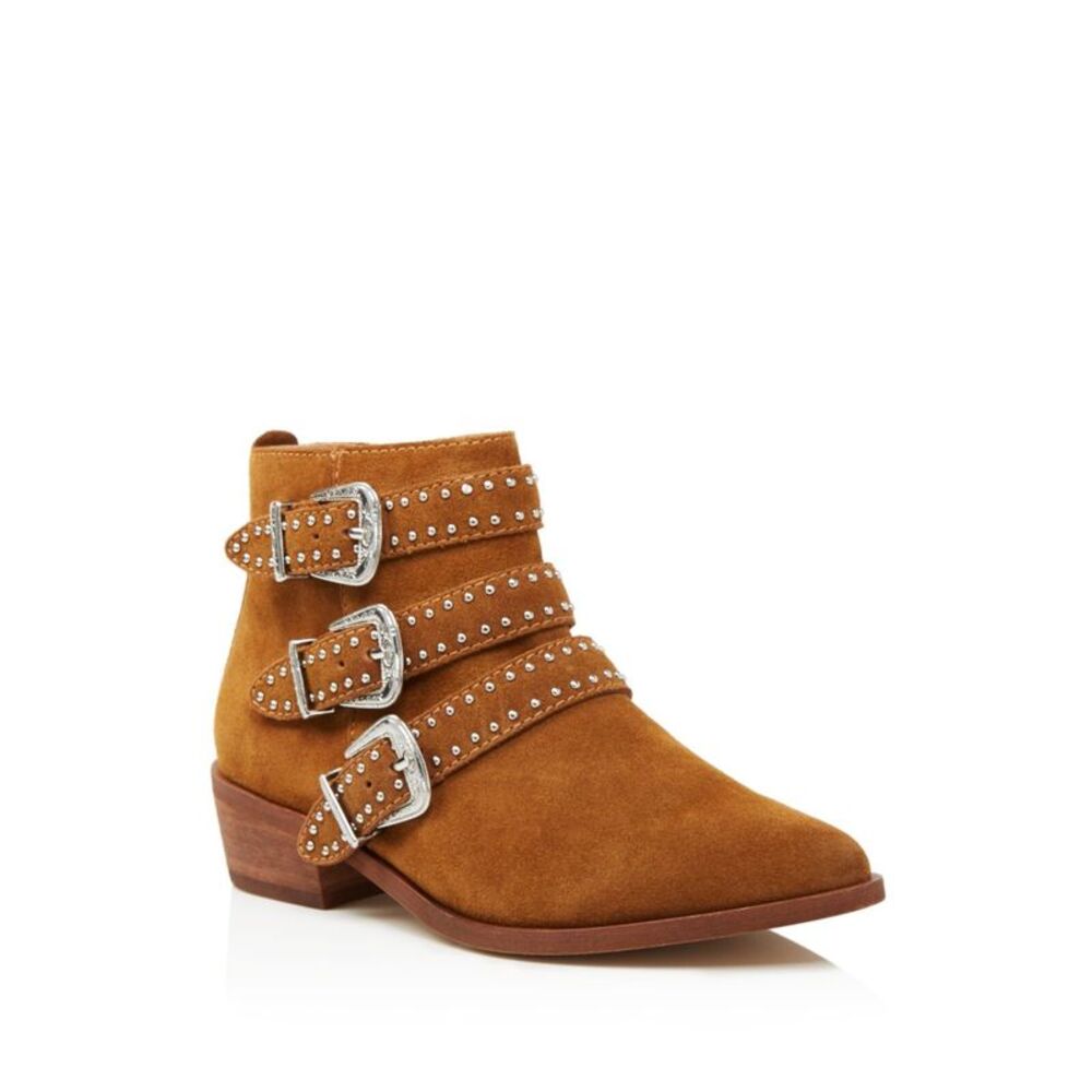 AQUA Womens Brown Studded Blane Almond Toe Block Heel Leather Booties 5.5 M